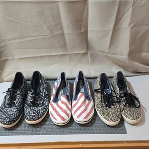 Set Of 3 Pairs Of Keds Women's Sneakers - Black, Red, and Leopard Print